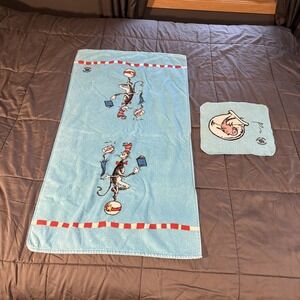 Vtg 2003 Dr Seuss Towel And Washcloth Cat In The Hat Official Merchandise Cotton